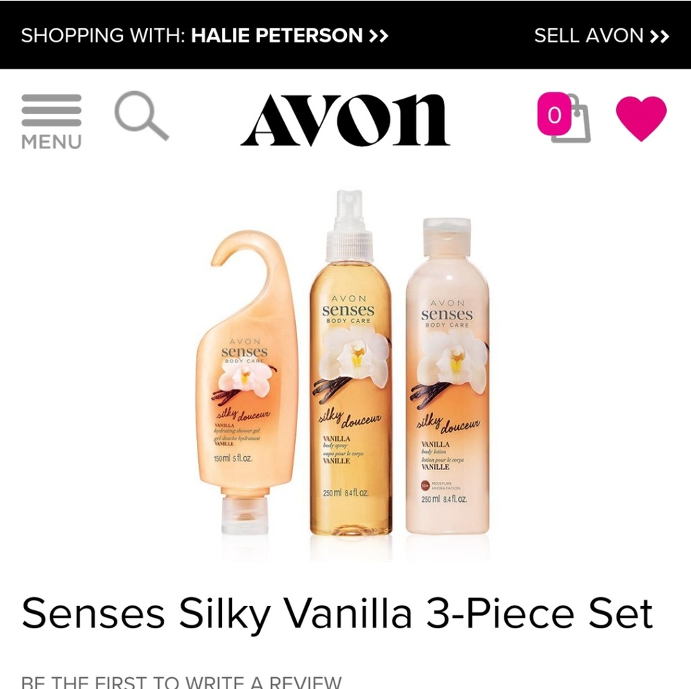 avon senses lotion, shower gel, and body spray.